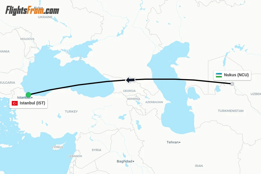 Flights from Nukus to Istanbul route map