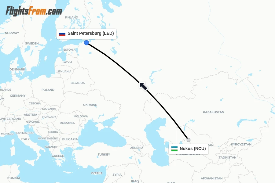 Flights from Nukus to Saint Petersburg route map