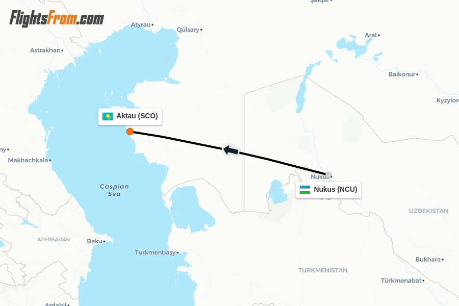 Flights from Nukus to Aktau route map
