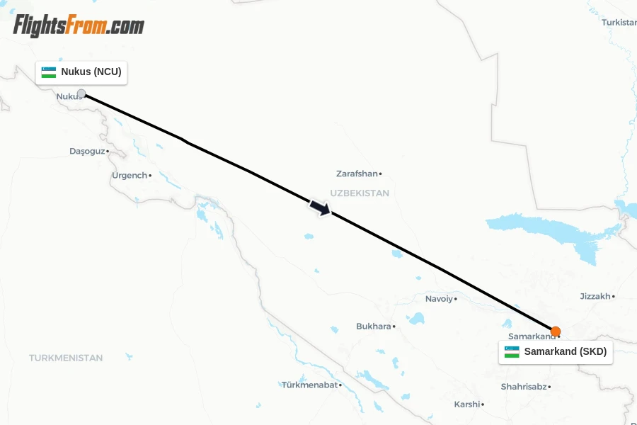 Flights from Nukus to Samarkand route map