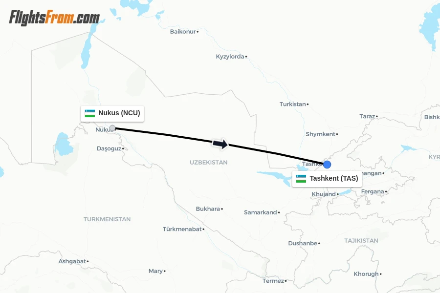 Flights from Nukus to Tashkent route map