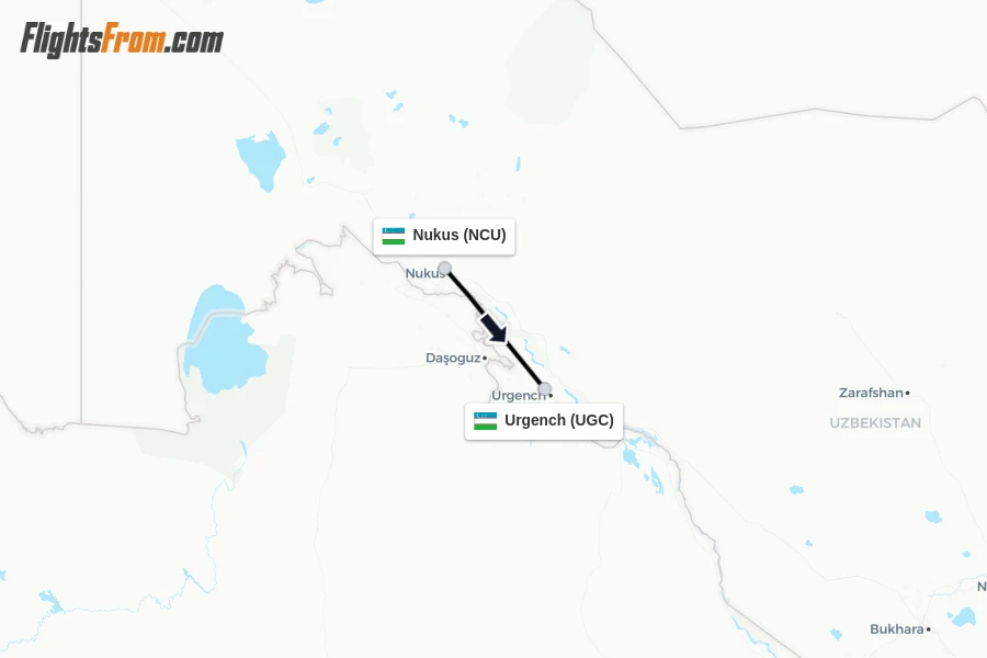 Flights from Nukus to Urgench route map