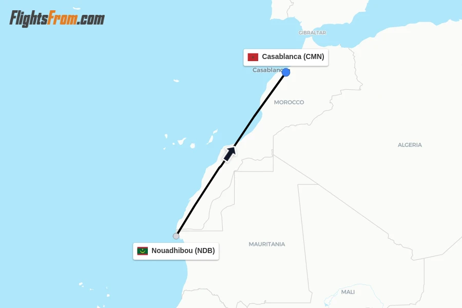 Flights from Nouadhibou to Casablanca route map