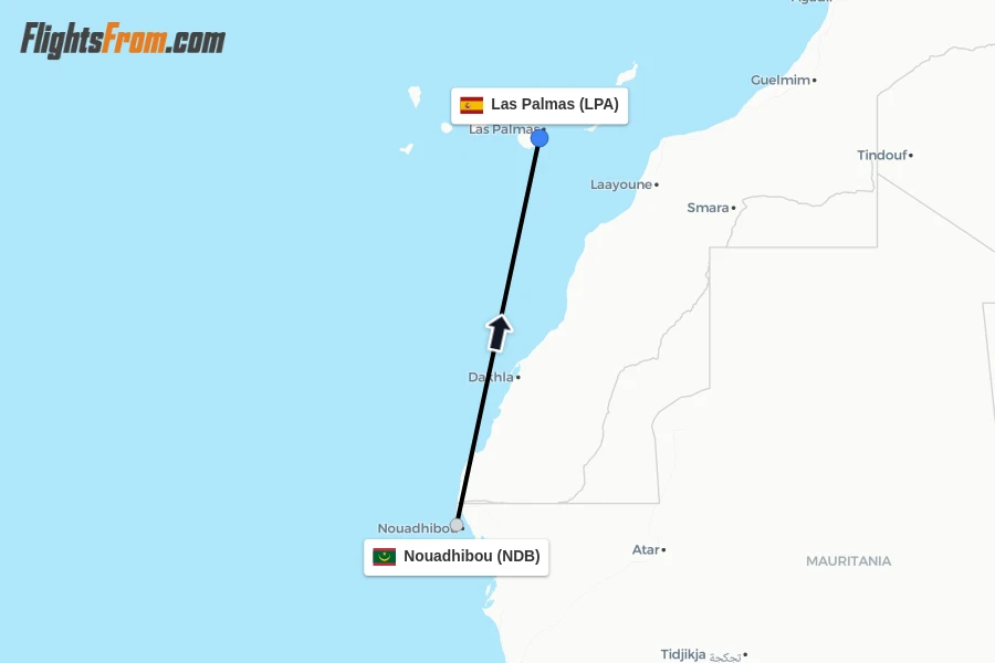Flights from Nouadhibou to Las Palmas route map