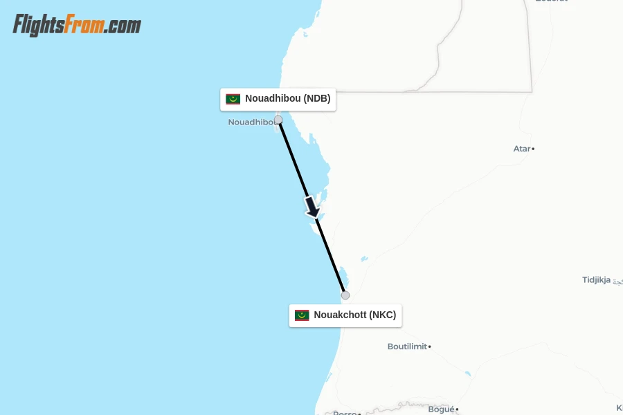 Flights from Nouadhibou to Nouakchott route map