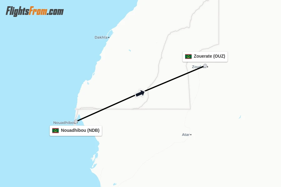 Flights from Nouadhibou to Zouerate route map