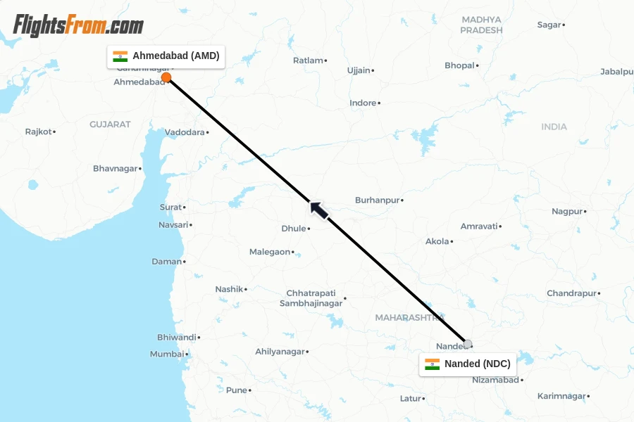 Flights from Nanded to Ahmedabad route map