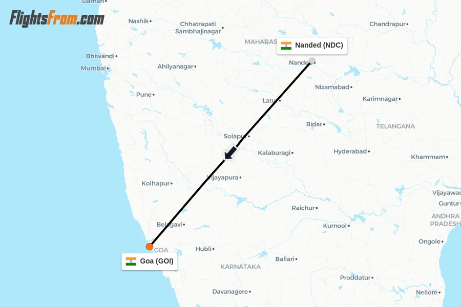 Flights from Nanded to Goa route map