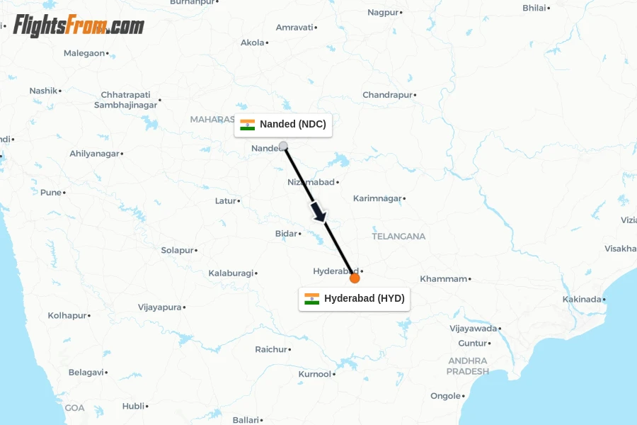 Flights from Nanded to Hyderabad route map
