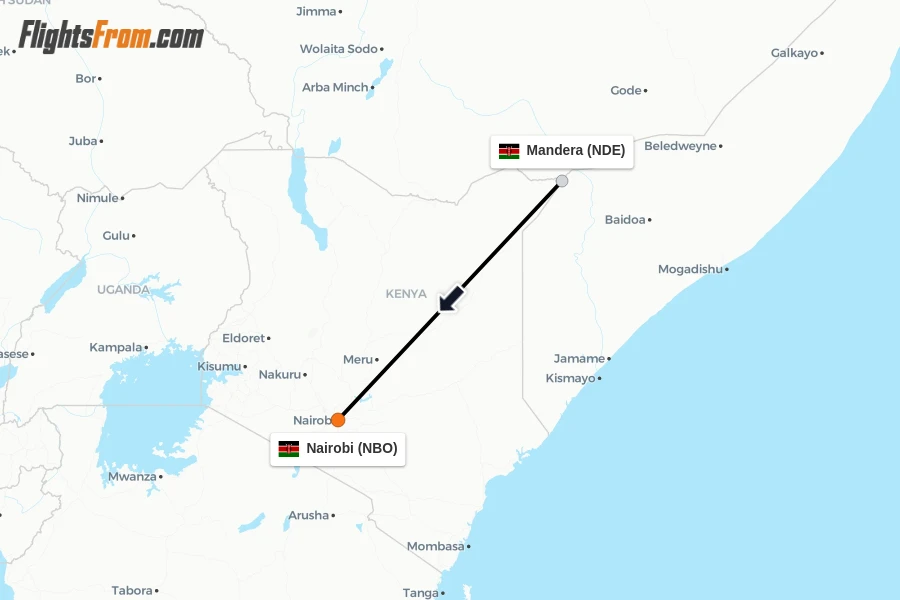 Flights from Mandera to Nairobi route map