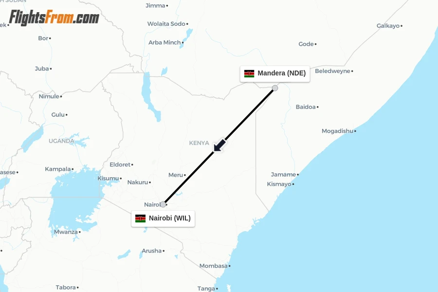 Flights from Mandera to Nairobi route map
