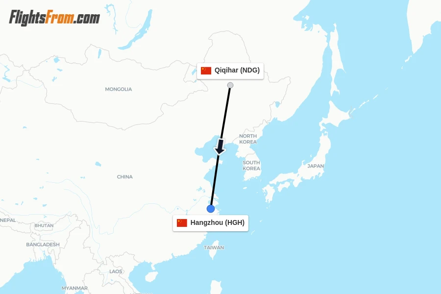 Flights from Qiqihar to Hangzhou route map