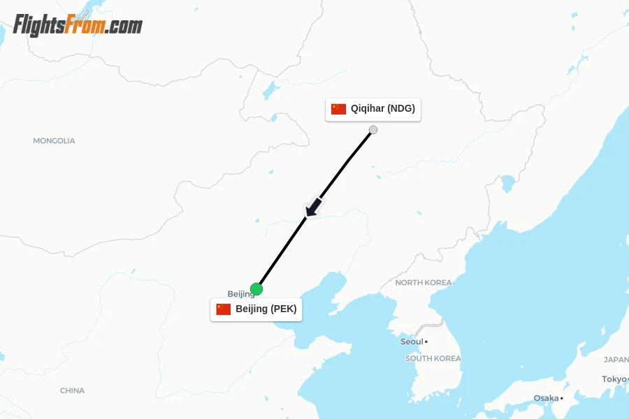 Flights from Qiqihar to Beijing route map