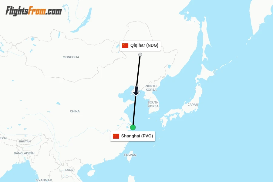 Flights from Qiqihar to Shanghai route map