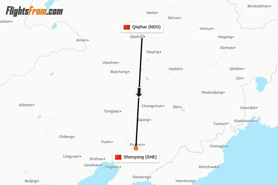 Flights from Qiqihar to Shenyang route map