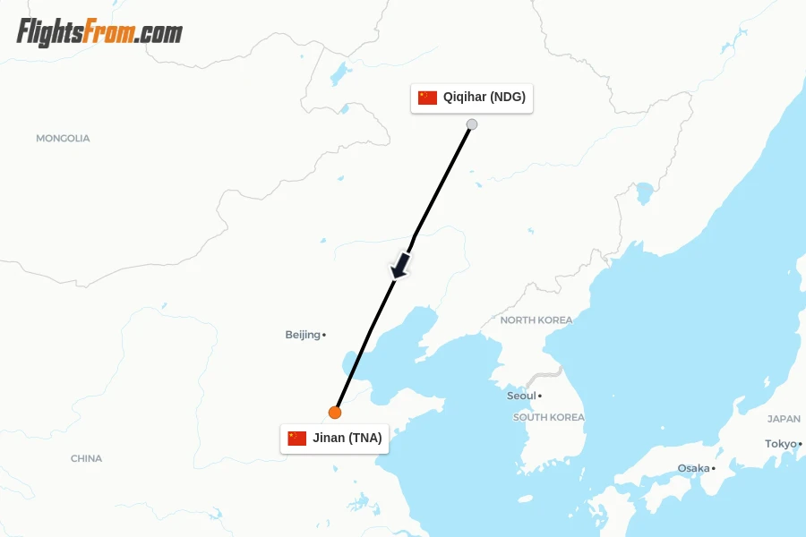 Flights from Qiqihar to Jinan route map