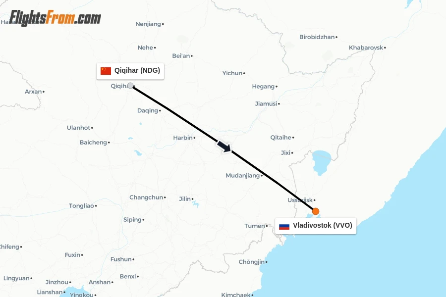 Flights from Qiqihar to Vladivostok route map