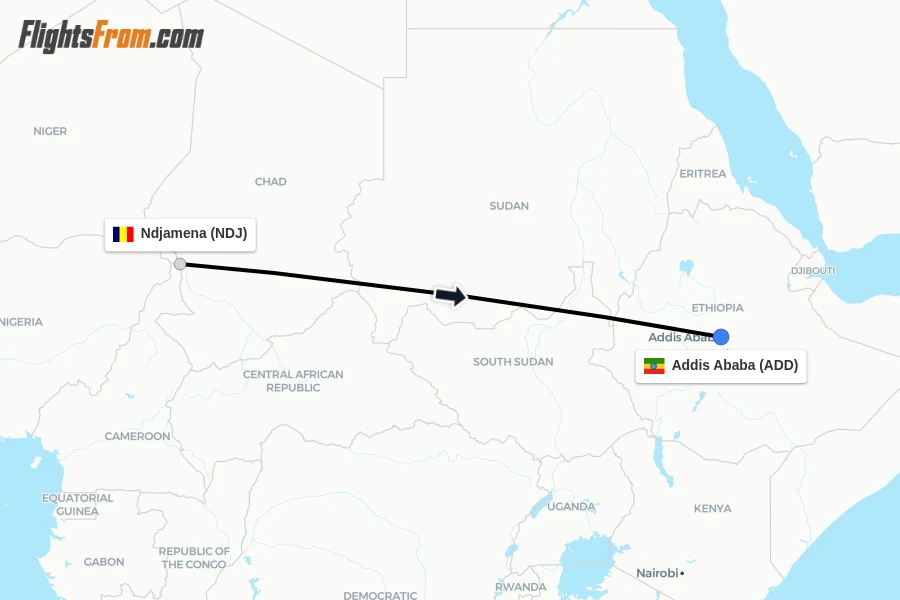 Flights from Ndjamena to Addis Ababa route map