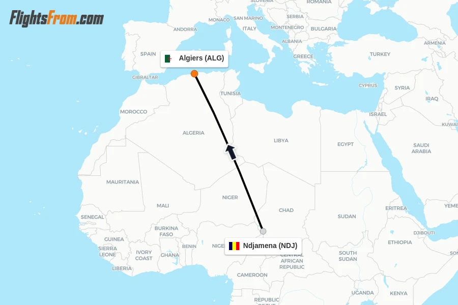 Flights from Ndjamena to Algiers route map
