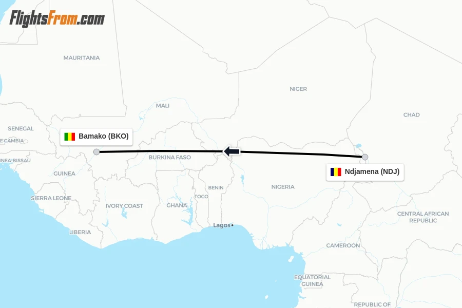 Flights from Ndjamena to Bamako route map