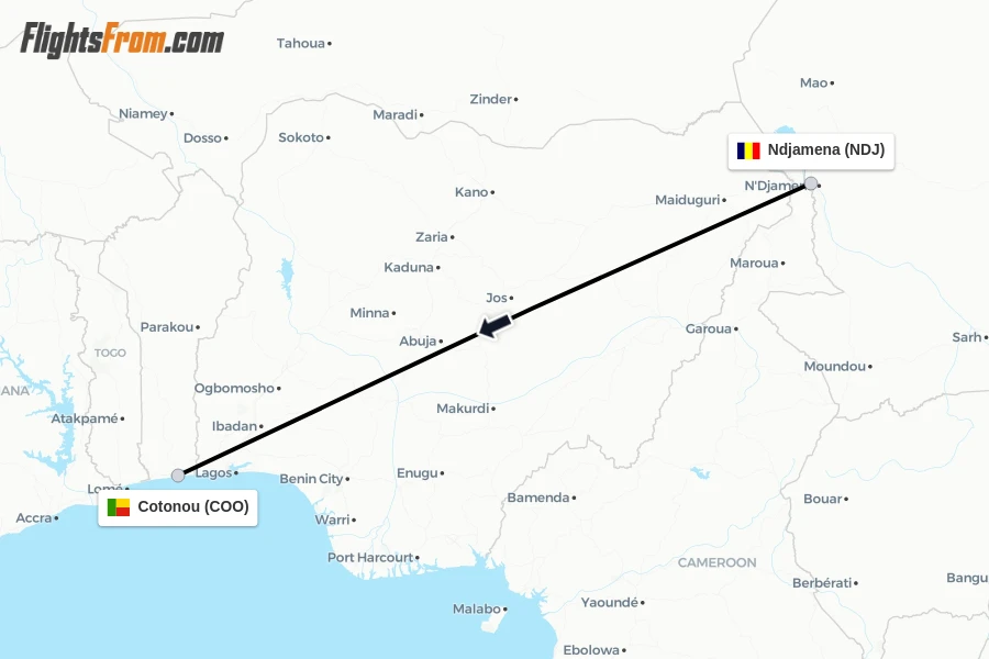 Flights from Ndjamena to Cotonou route map
