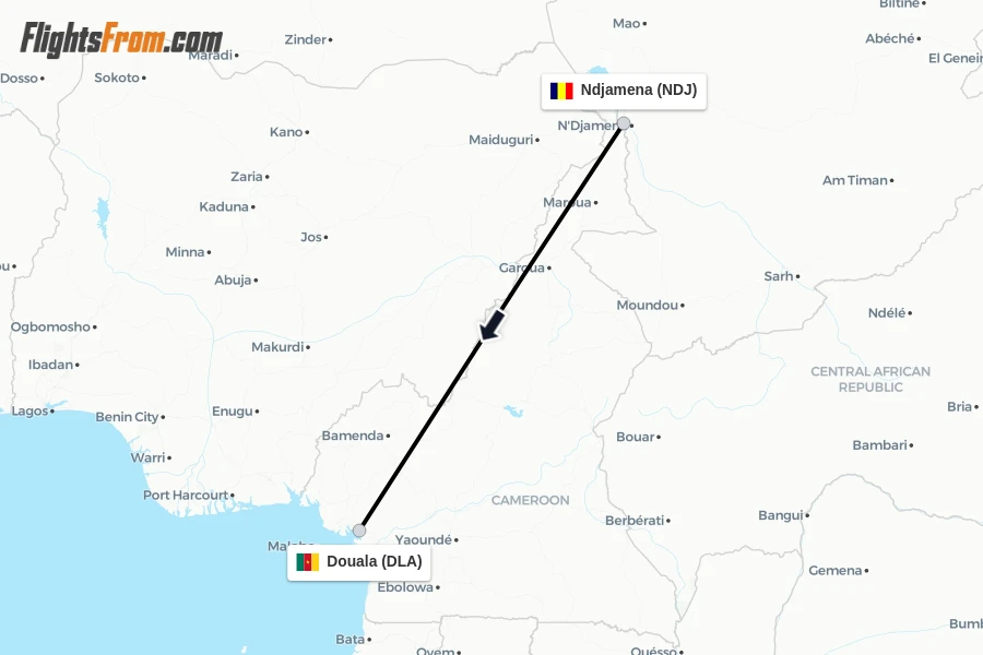 Flights from Ndjamena to Douala route map