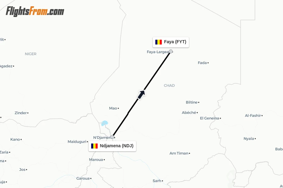 Flights from Ndjamena to Faya route map