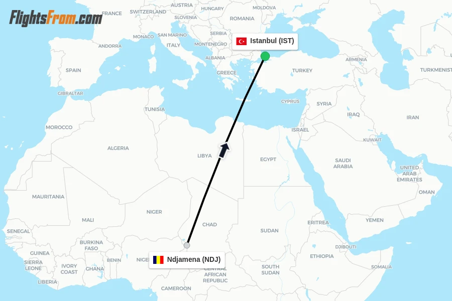 Flights from Ndjamena to Istanbul route map