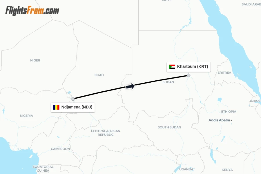Flights from Ndjamena to Khartoum route map