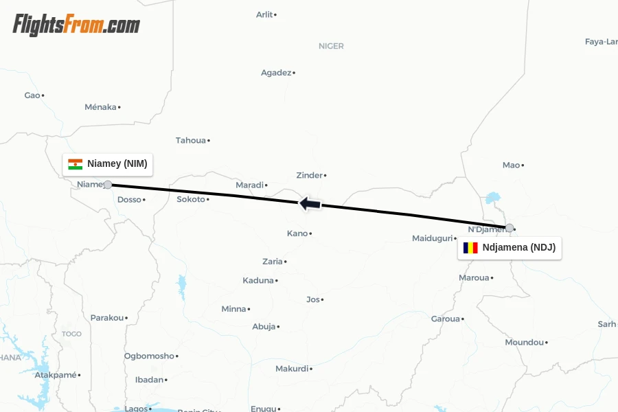 Flights from Ndjamena to Niamey route map