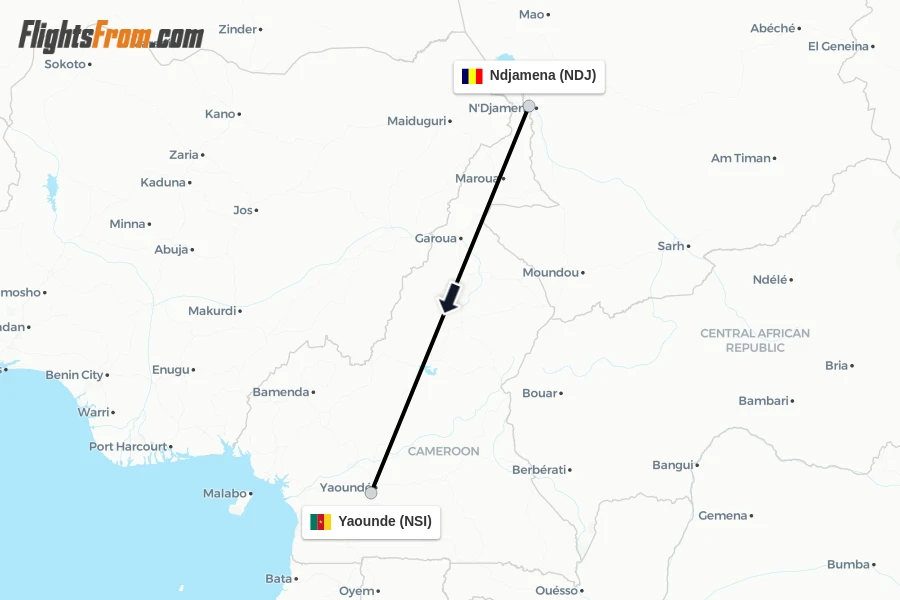 Flights from Ndjamena to Yaounde route map
