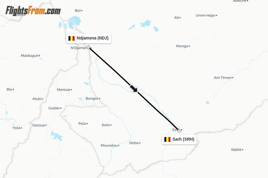 Flights from Ndjamena to Sarh route map