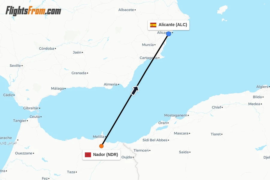 Flights from Nador to Alicante route map