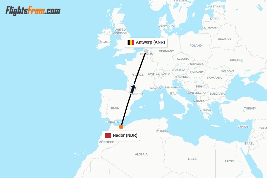 Flights from Nador to Antwerp route map
