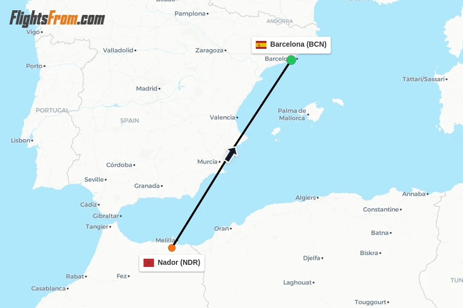 Flights from Nador to Barcelona route map
