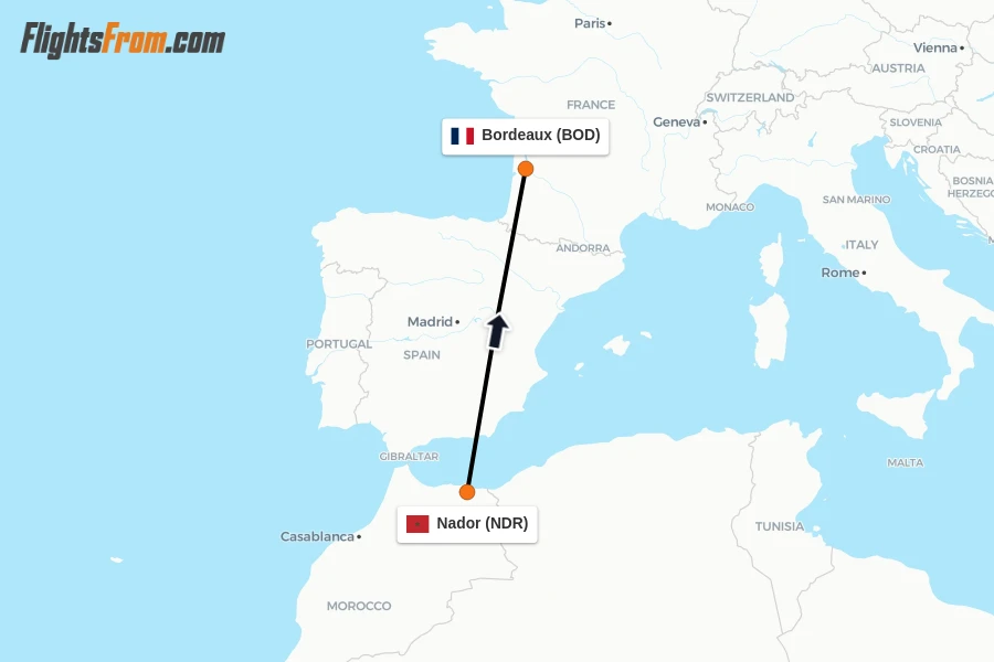 Flights from Nador to Bordeaux route map