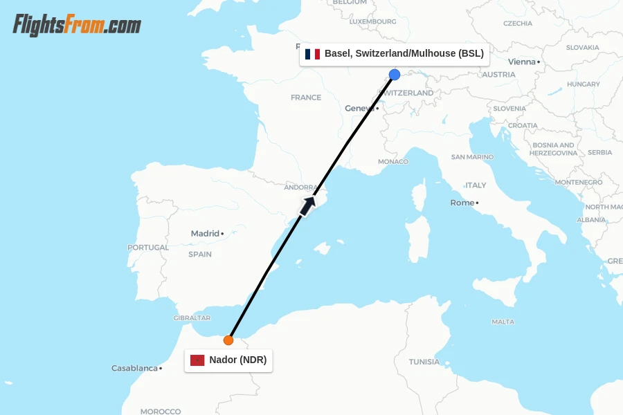 Flights from Nador to Basel, Switzerland/Mulhouse route map