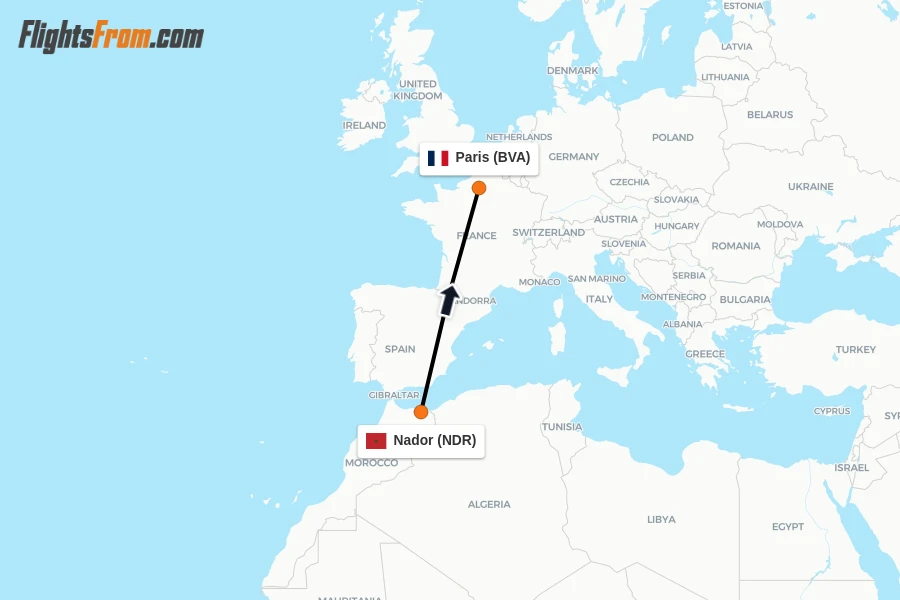 Flights from Nador to Paris route map