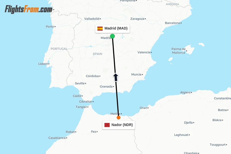 Flights from Nador to Madrid route map
