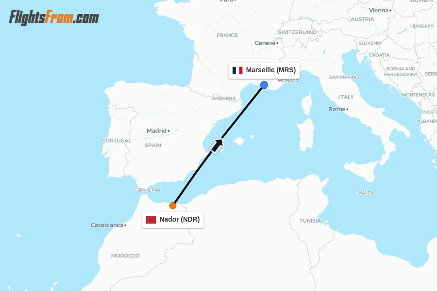 Flights from Nador to Marseille route map