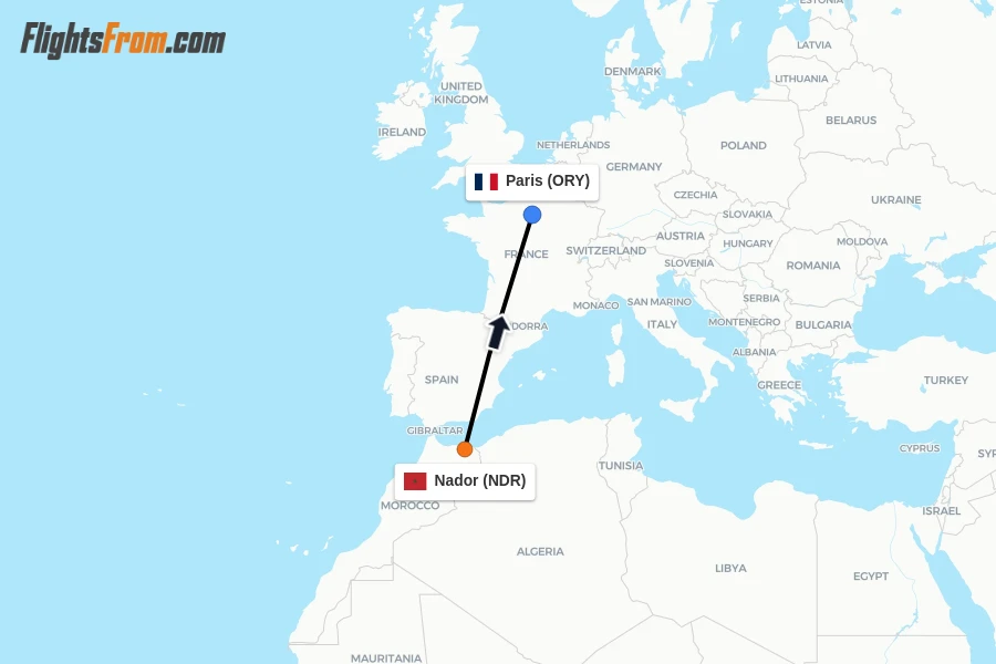 Flights from Nador to Paris route map