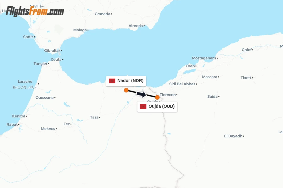 Flights from Nador to Oujda route map