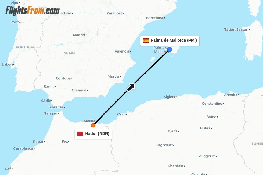 Flights from Nador to Palma de Mallorca route map
