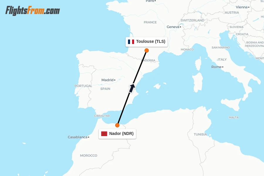 Flights from Nador to Toulouse route map