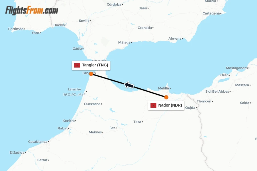 Flights from Nador to Tangier route map