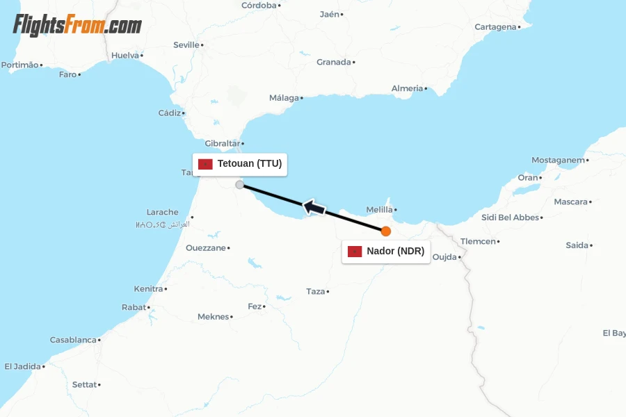 Flights from Nador to Tetouan route map