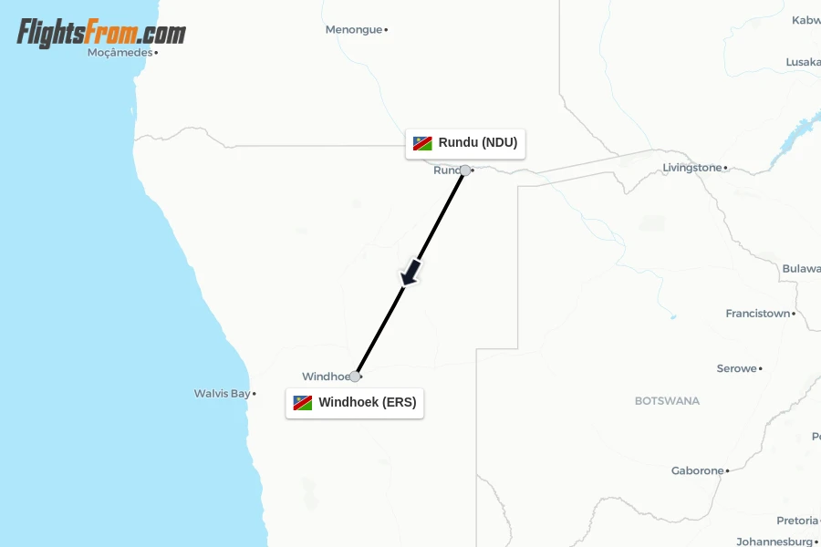 Flights from Rundu to Windhoek route map