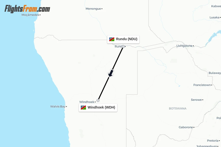 Flights from Rundu to Windhoek route map