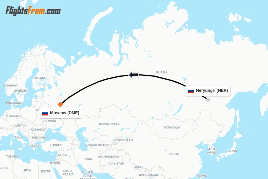 Flights from Neryungri to Moscow route map