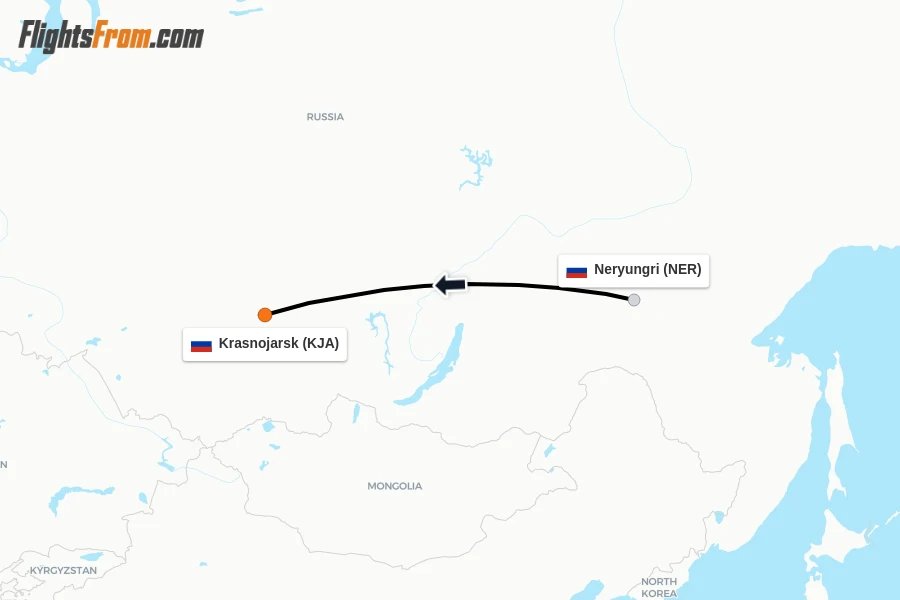 Flights from Neryungri to Krasnojarsk route map